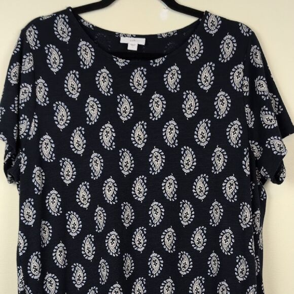 J.Jill Navy Elliptical Knit Paisley Print Flounced Hem Dress Short Sleeve Size L - Picture 7 of 11